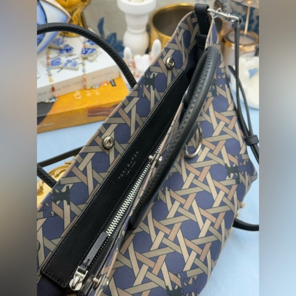 🆕 TORY BURCH 🧿 NWOT Small Basketweave Tote Bag, Cotton Canvas & Leather - AUTH - Picture 9 of 16